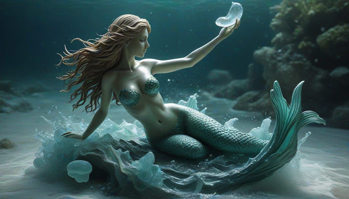 Mermaid Sculpture of Opalescent Sea Glass in Ocean Fountain