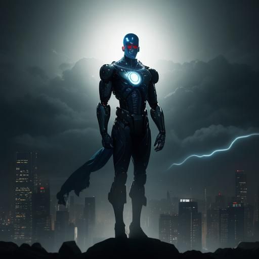 Cyborg Levitation in a Moody Cityscape