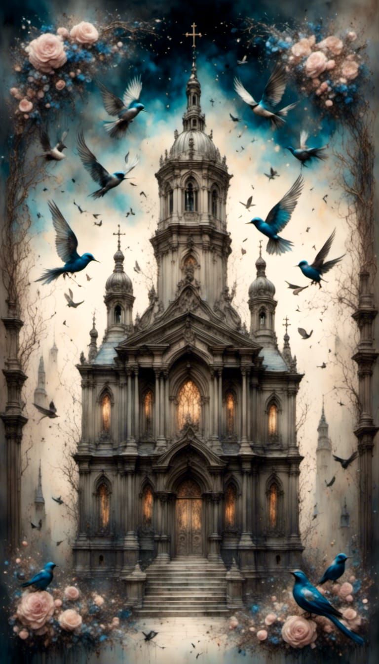 sketch of a closed casket surrounded by birds in front of a ...