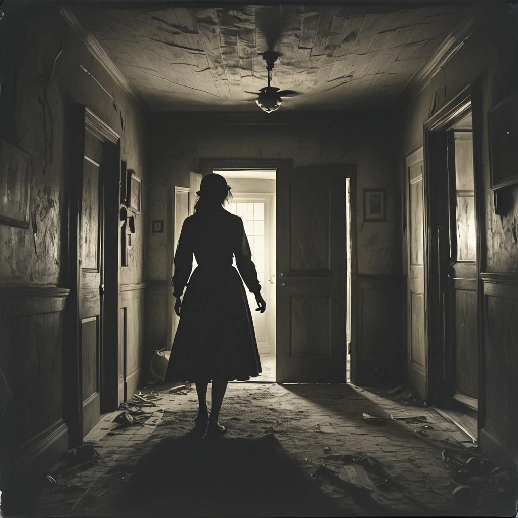 Woman Enters Spooky Room: Cinematic Charcoal Drawing