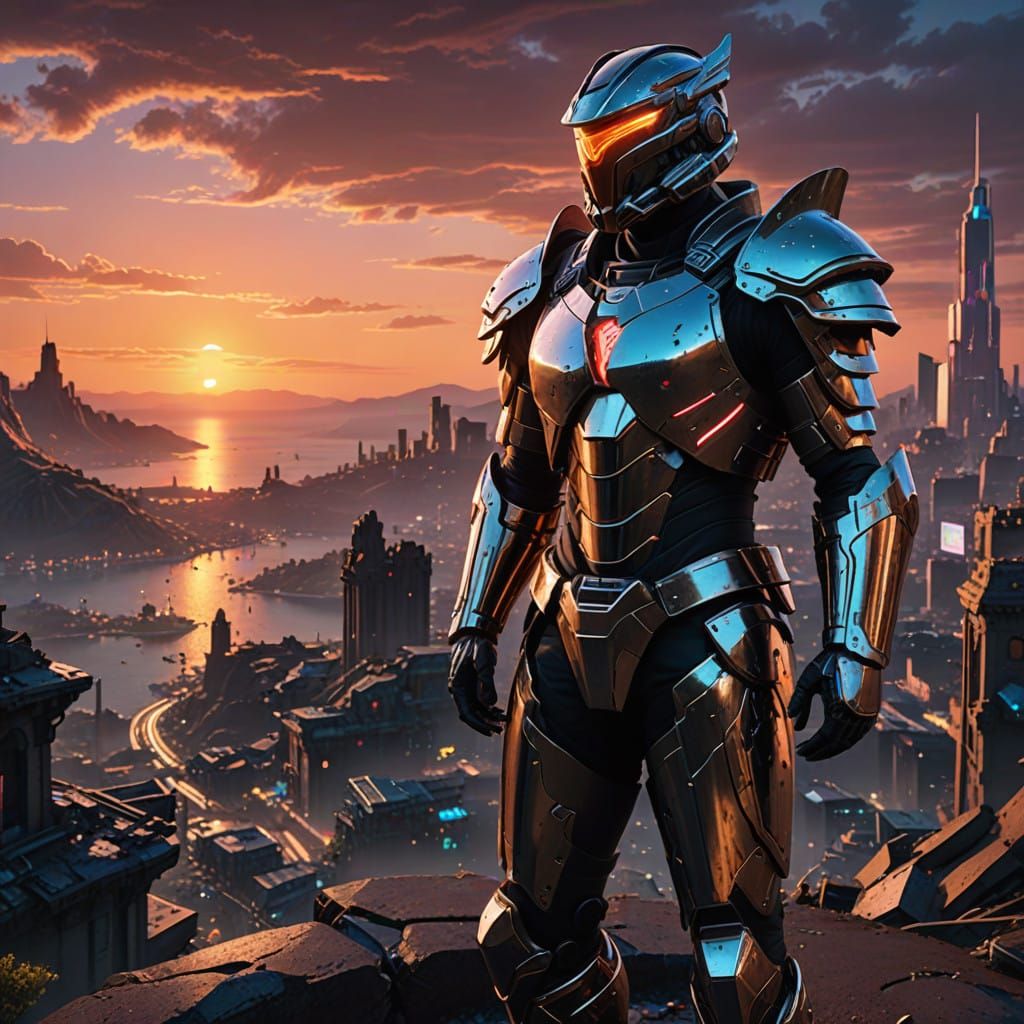 Futuristic Warrior Triumphs in Ruined Cityscape