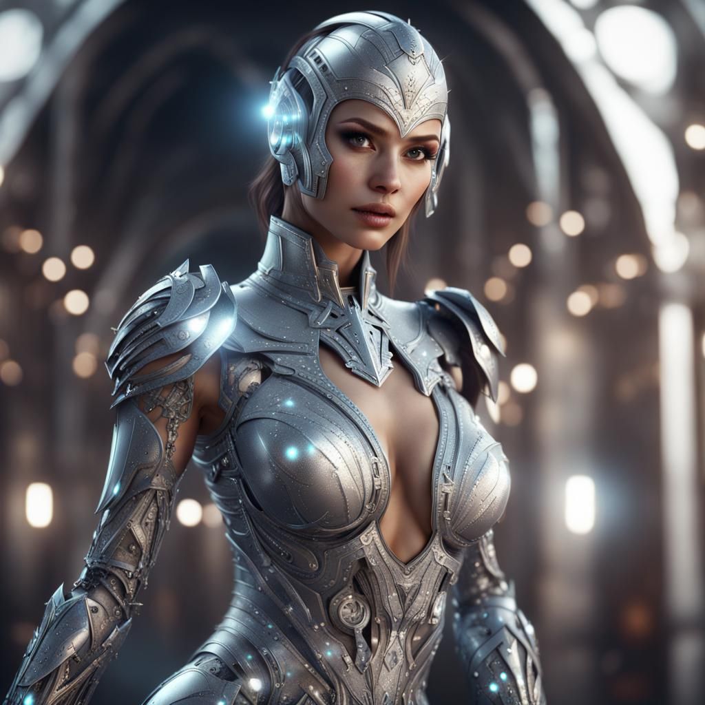 Shimmering Android Woman in Silver Outfit