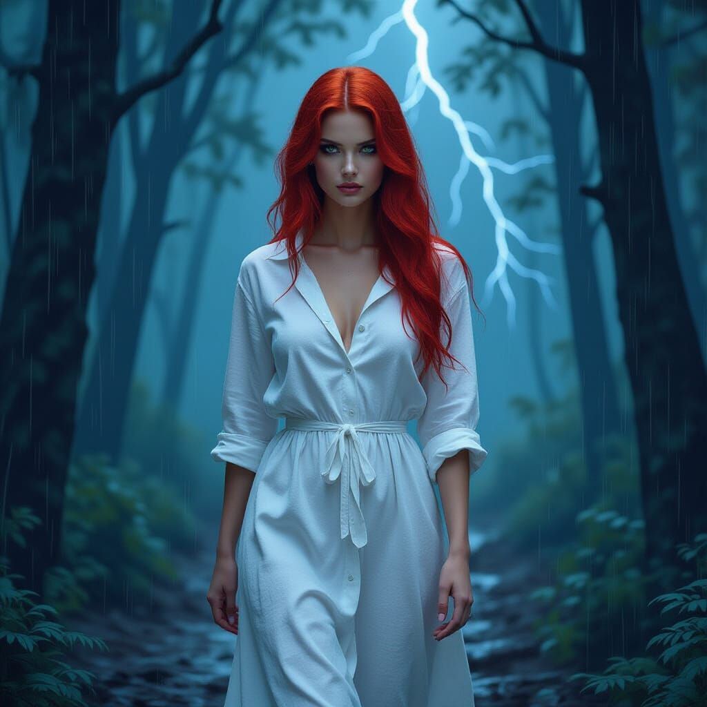 Mysterious Red-Haired Woman in Rainy Forest