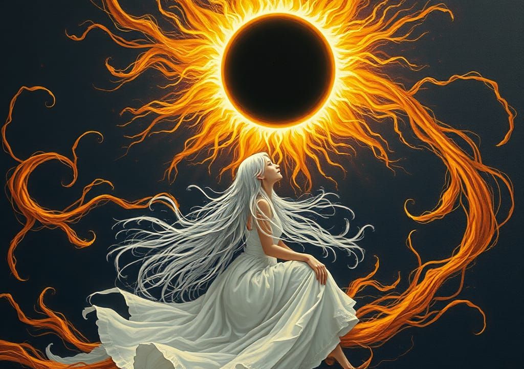 Ethereal Woman in Golden Tendrils: Mixed Media Art