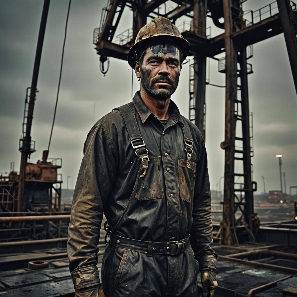 Gritty Oil Rig Worker in Dim Industrial Lighting