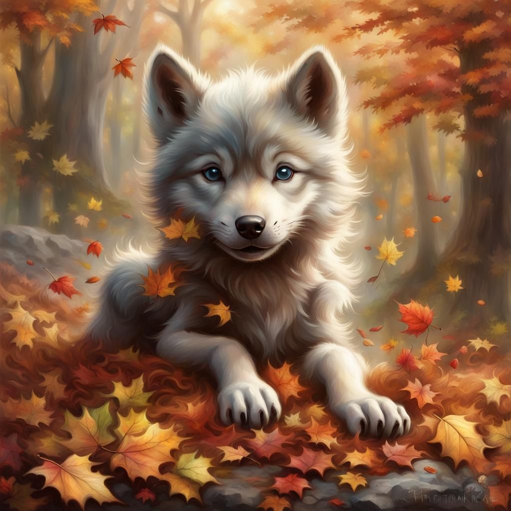 Cute Baby Wolf Plays in Autumn Leaves