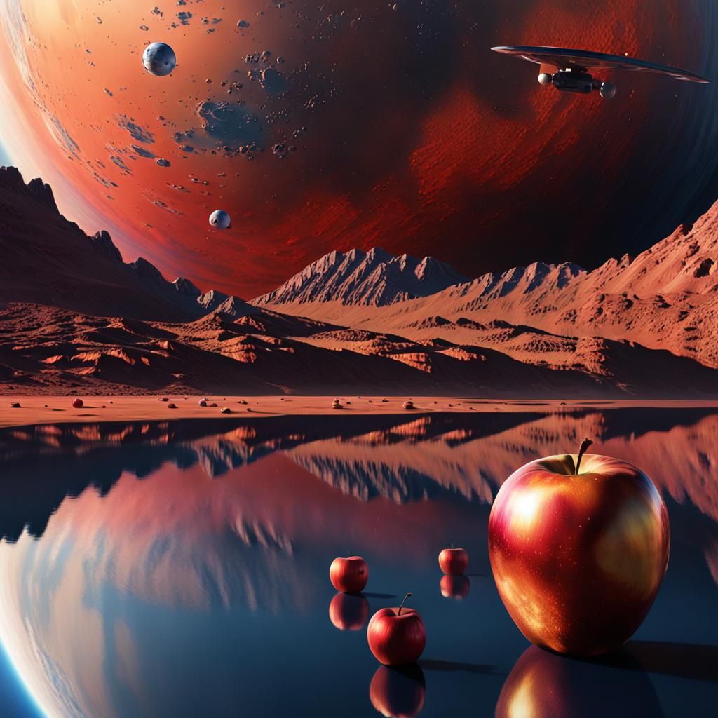 Apples Reflecting Martian Landscape on Spaceship