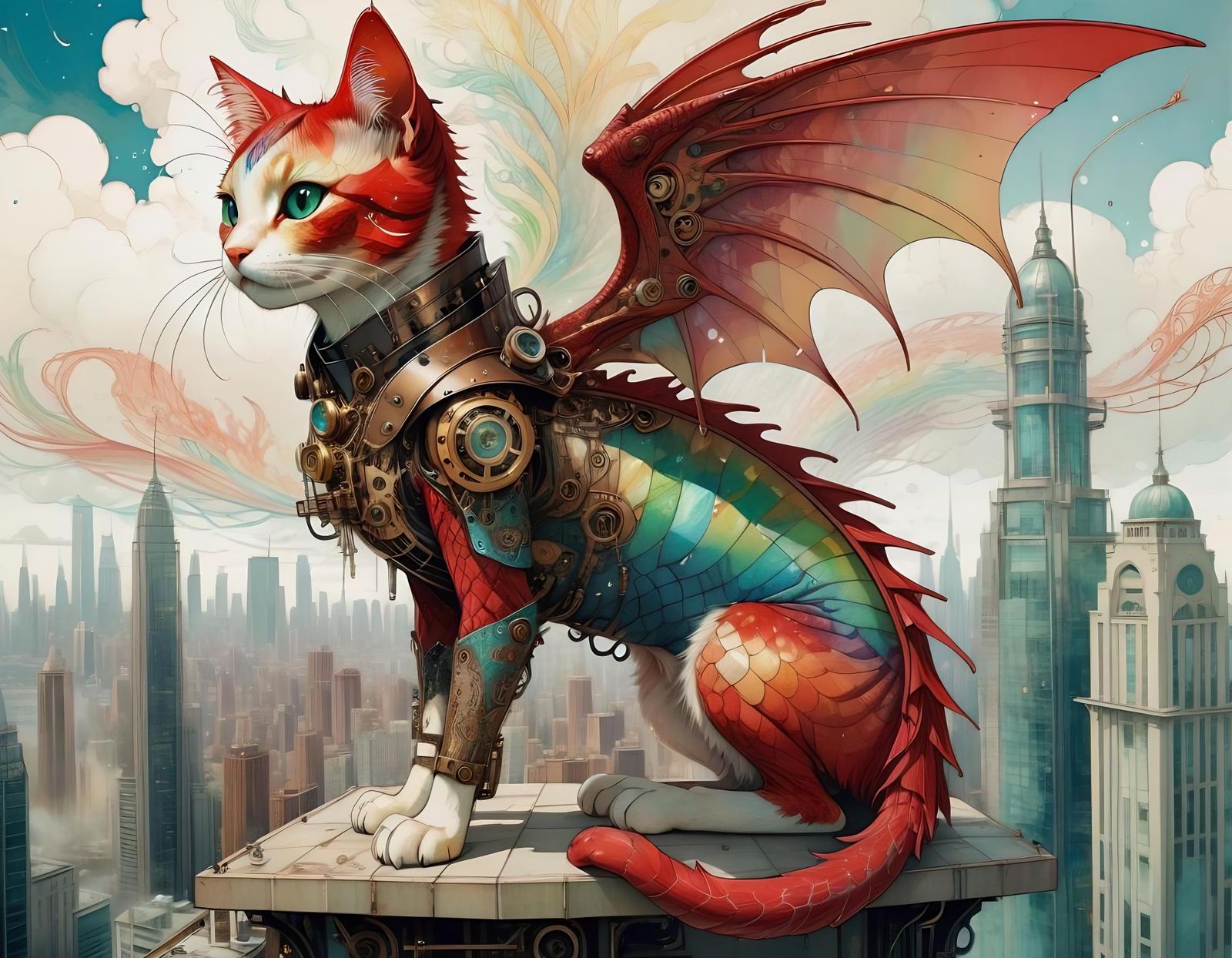 Steampunk Cat-Dragon Hybrid in Ornate Armor