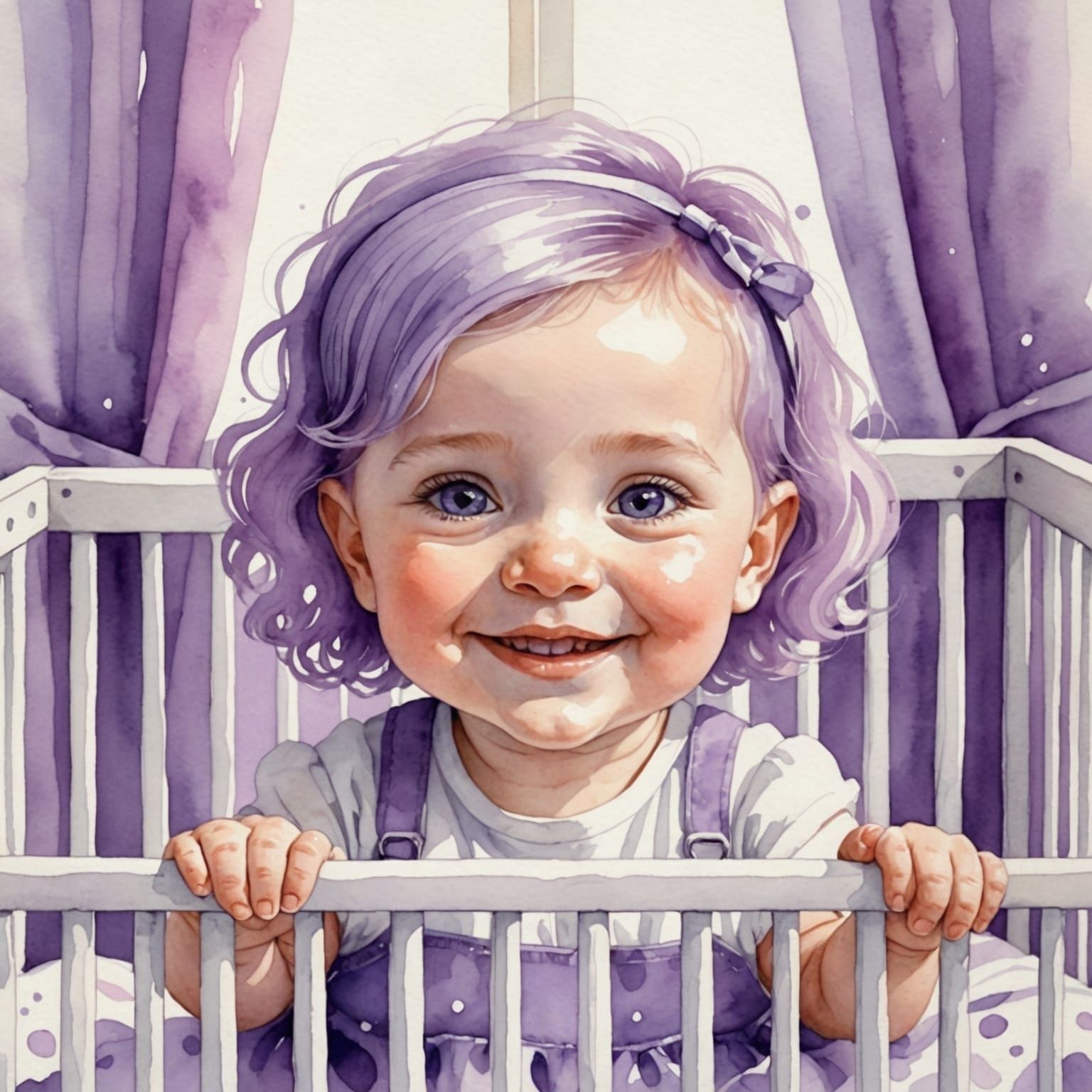 Watercolor Baby Girl Smiling in Crib