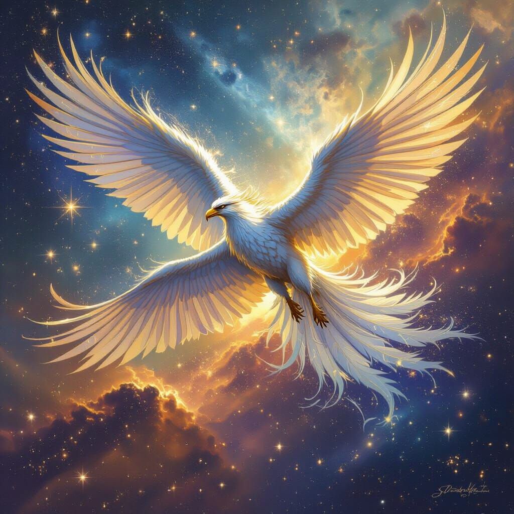 Griffin Soaring Through Nebula in Cosmic Fantasy Style