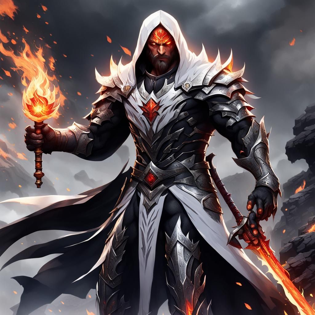 Fiery Ash Man with Flaming Sword in Anime Style