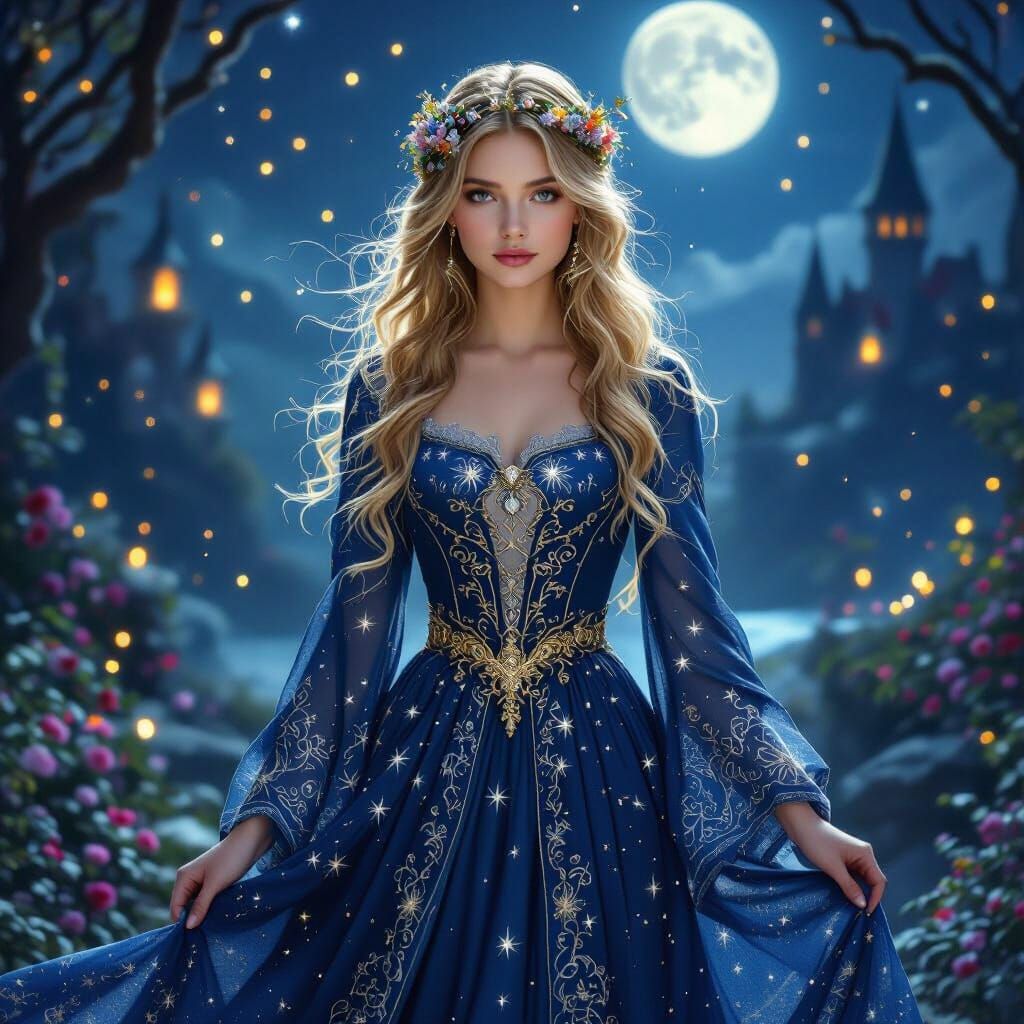 Ethereal Maiden in Midnight Celestial Gown