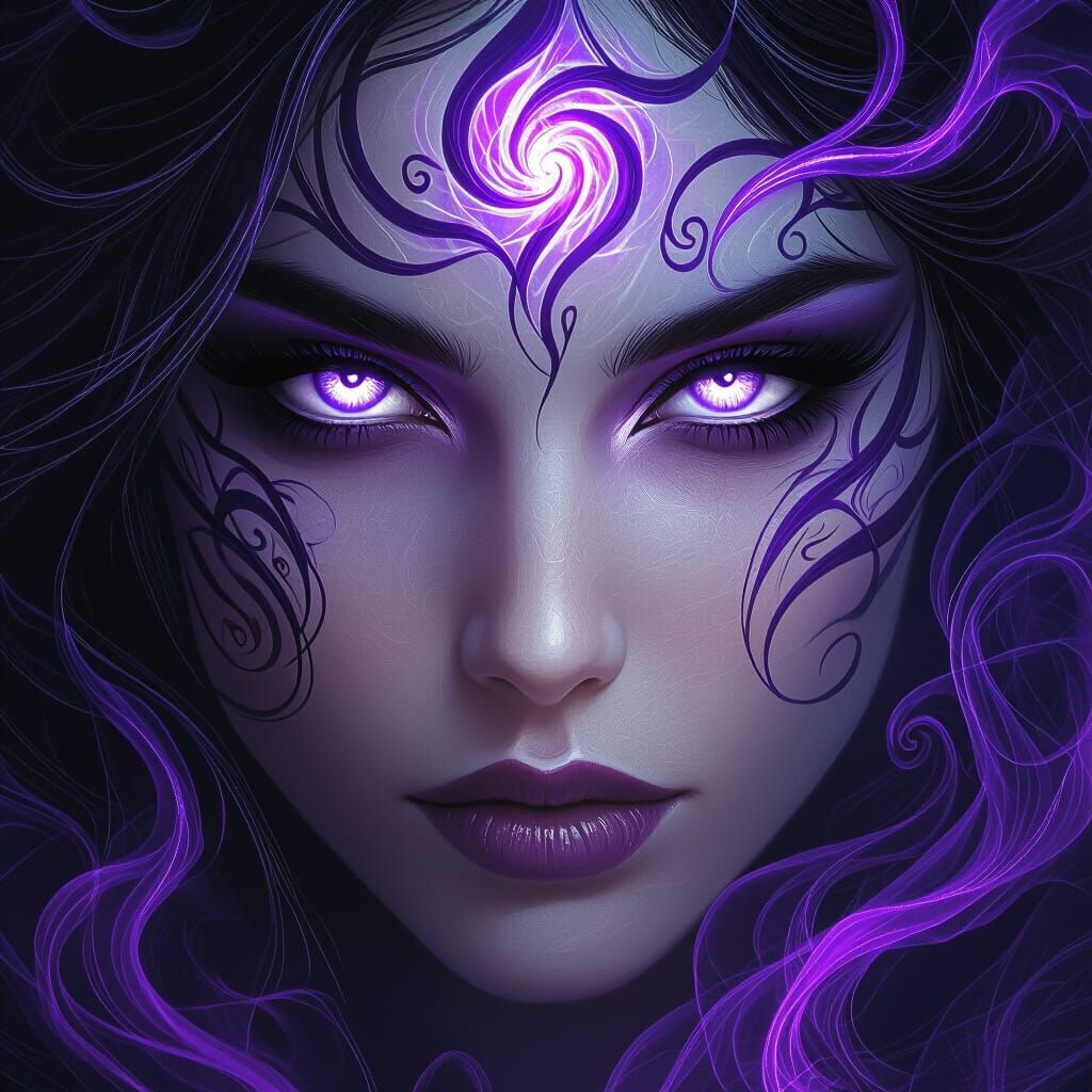 Mystical Woman Face with Luminous Purple Black Energy