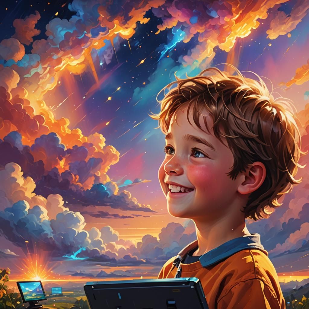 Child Glimpses Digital World Through Glowing Computer Screen