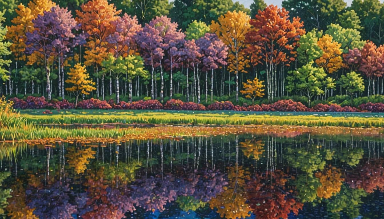 Pointillist Autumn Reflecting Lake Landscape