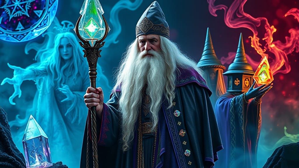 Enchanted Wizards Among Tarot Cards in a Vibrant Fantasy Rea...