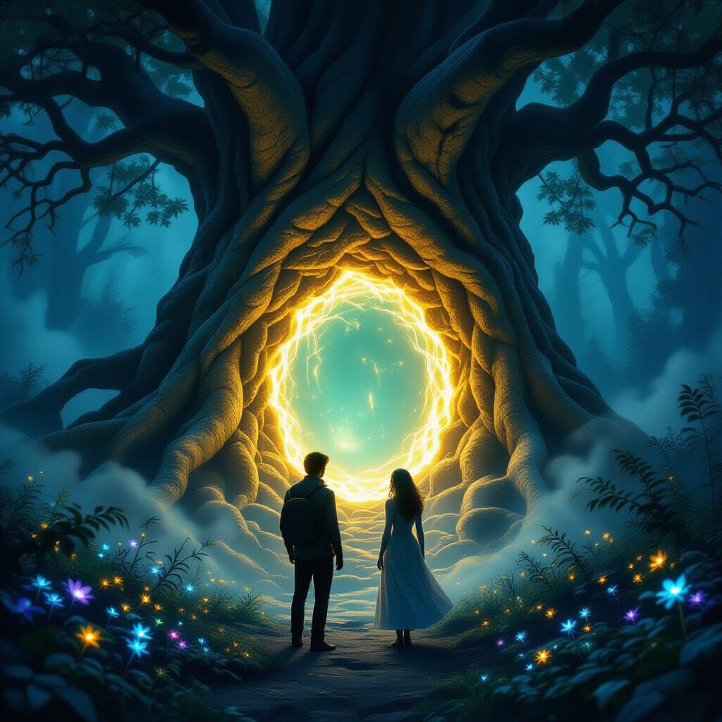 Couple Discovers Mystical Tree Portal in Shadowy Forest