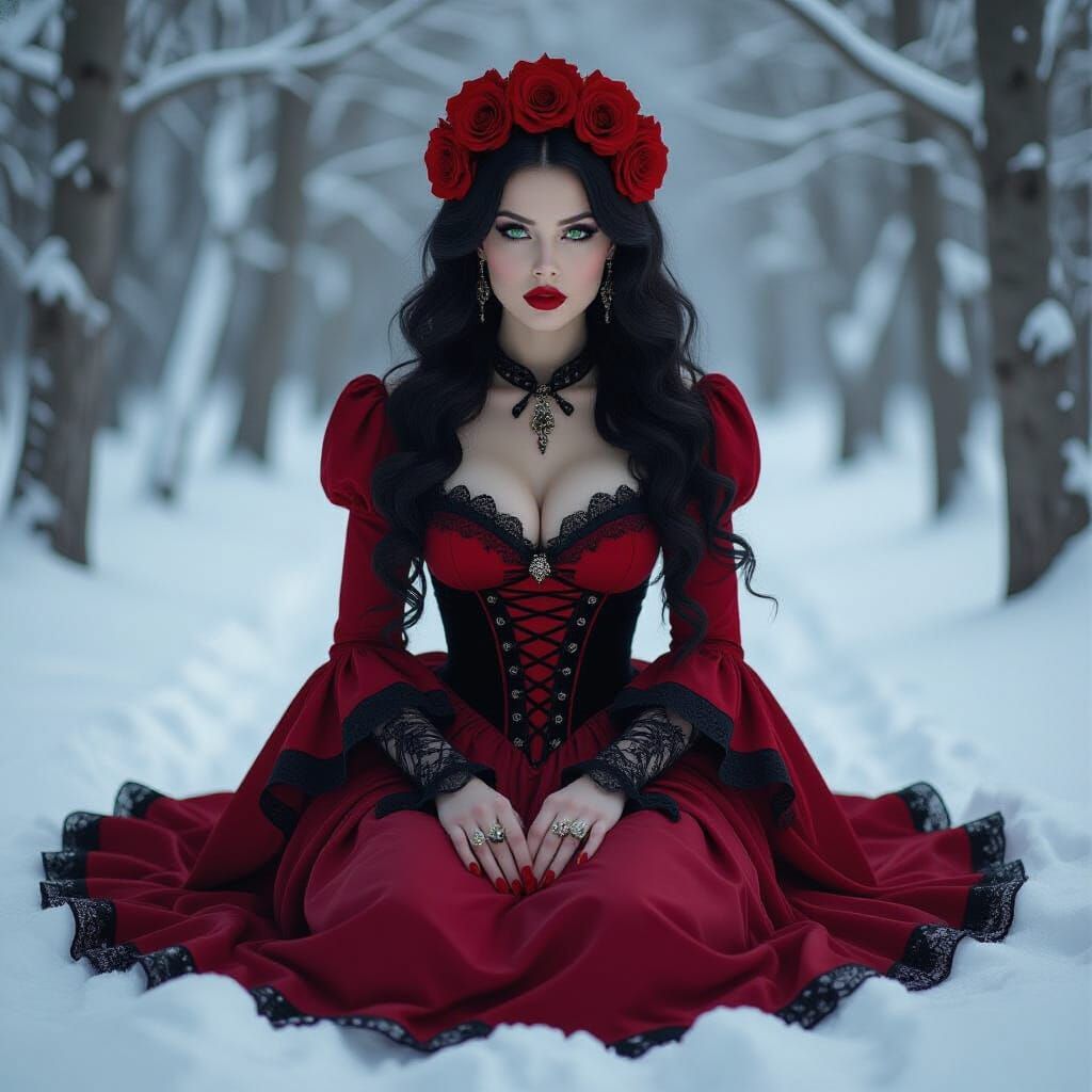 Gothic Woman in Snowy Forest, Dark Romanticism Style