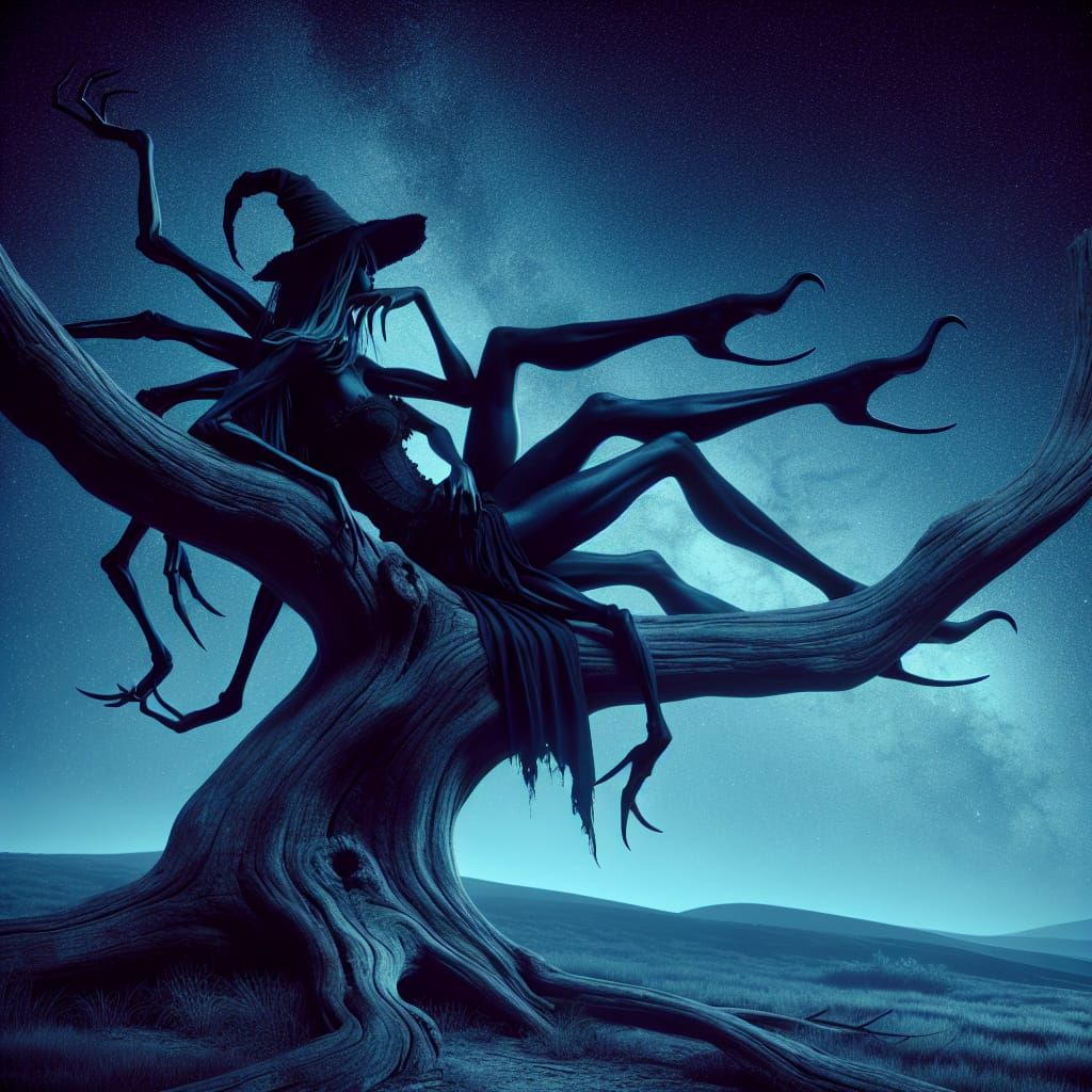 Fantastic Witch Suspended Under Starry Night