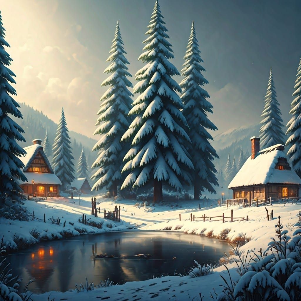 Winter Village with Majestic Pine Trees and Frozen Pond