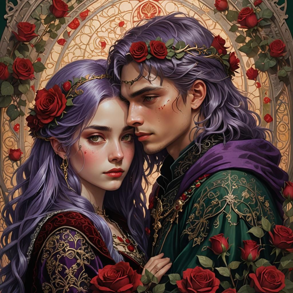 Medieval Couple Portrait with Roses in Fantasy Style
