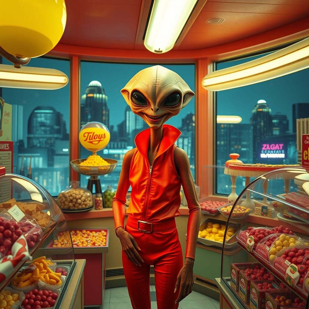 Alien Smiles in Retro Candy Store with Futuristic Twist