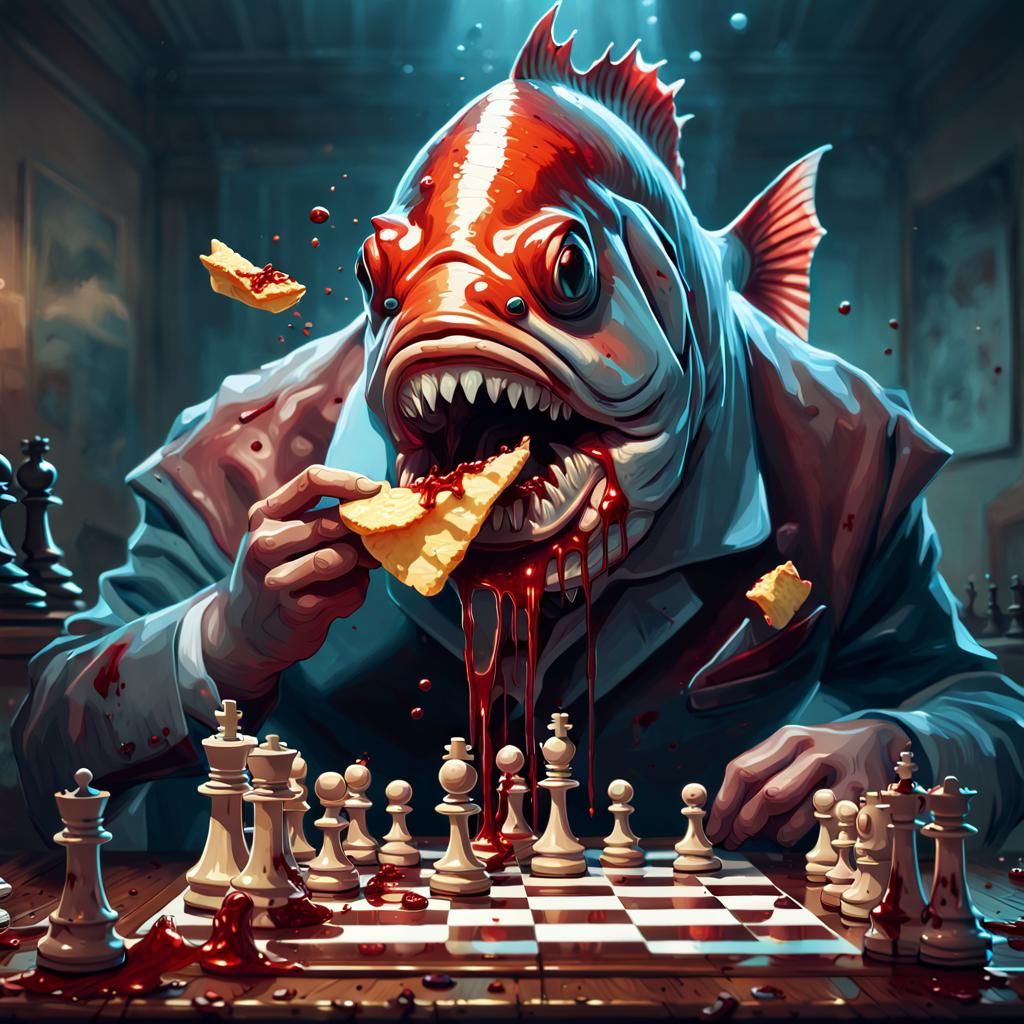 Bloody-Fanged Bass Fish Plays Chess: Digital Illustration