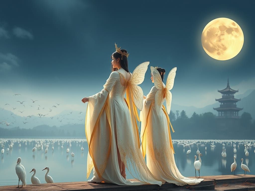 Asian Fairies at Moonlit Lake in Panoramic View