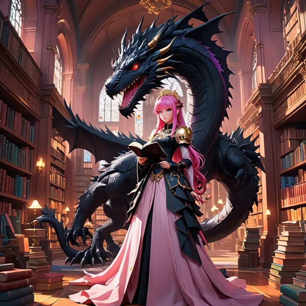 Vibrant Pink Princess Confronts Fierce Black Dragon in Majes...