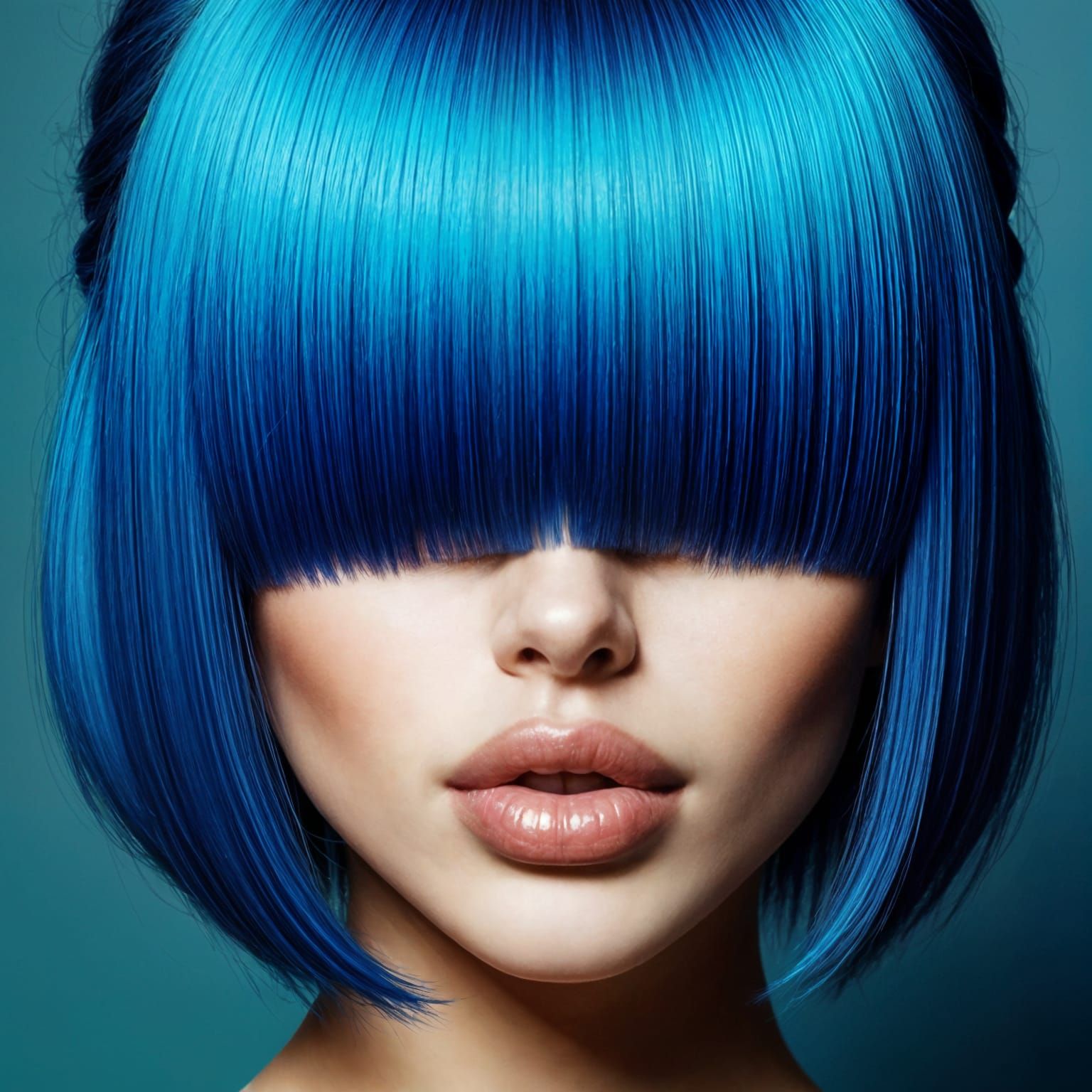 Blue Haired Woman with Dramatic Bangs Portrait