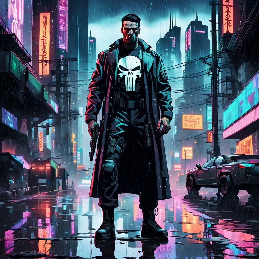 Cyberpunk Punisher in Neon Cityscape
