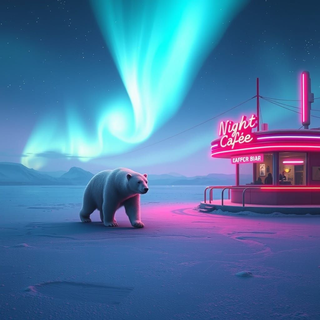 Polar Bear Amidst Aurora Borealis and Retro-Futuristic Diner