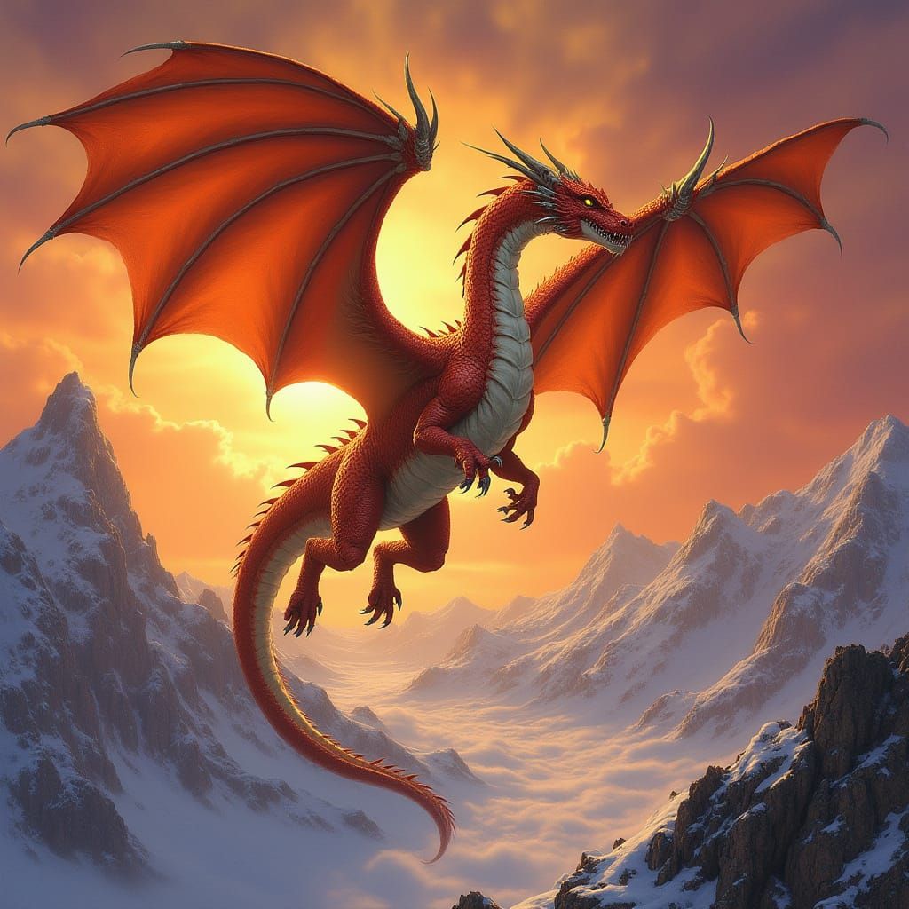 Dragon Soaring at Sunset: A Fantasy Art Painting