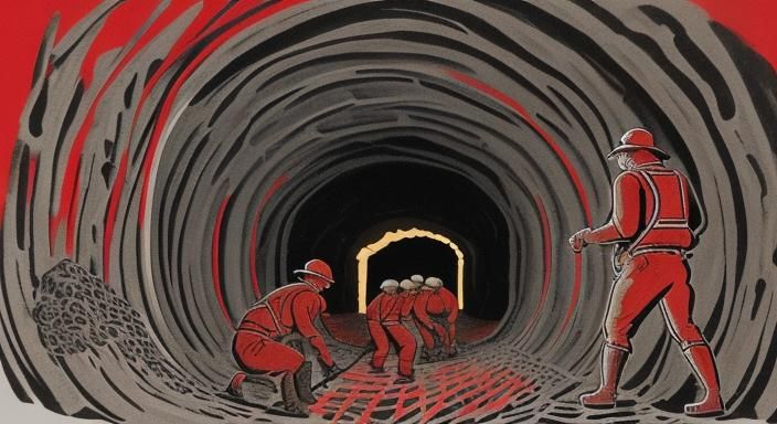 Miners in Coal Mine Tunnel: Linocut in Black and Red