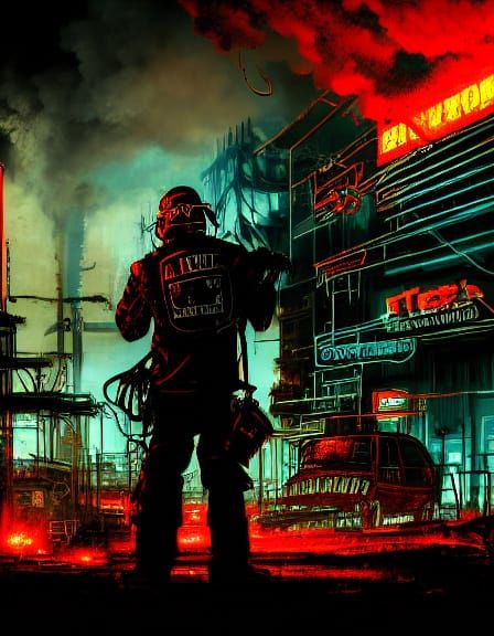 Cyberpunk Industrial Decay in Neon-Lit Chaos