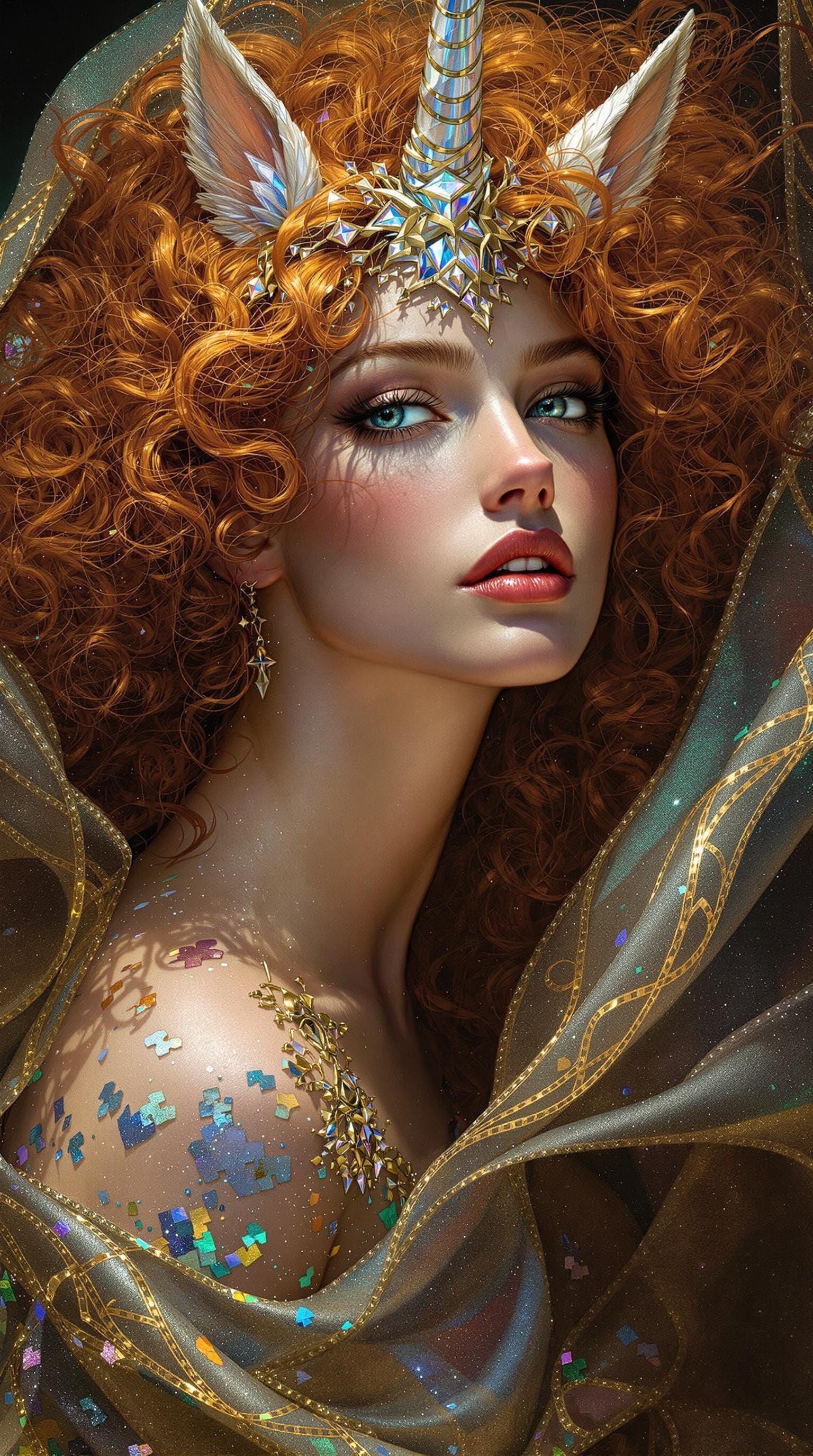 Hyperrealistic Goddess Portrait in Iridescent Fabrics and Gl...