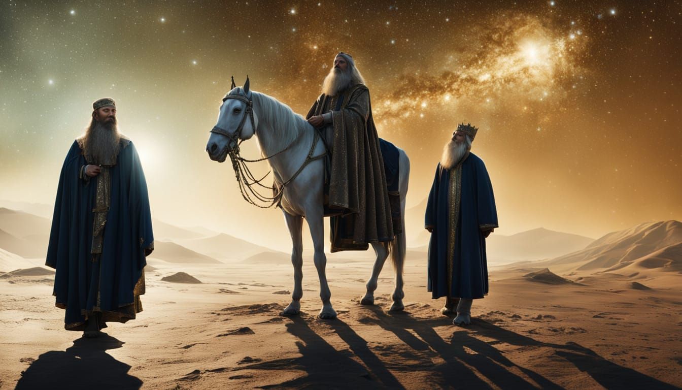 Three Kings Standing Together Under a Starry Night Sky in Mo...