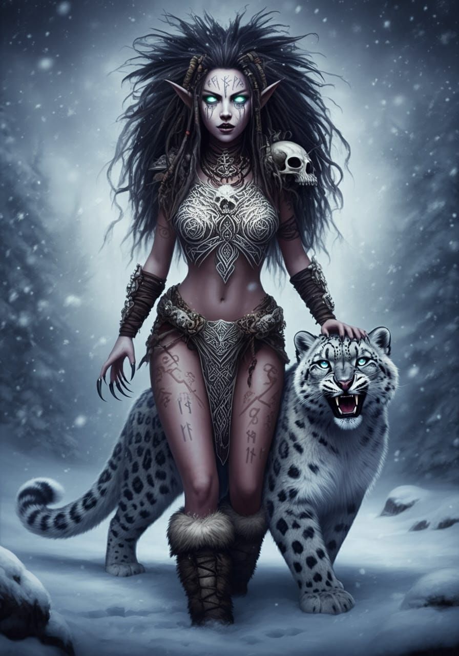 Surreal Fae Snow Leopard Girl with Nordic Armor and Galaxy E...