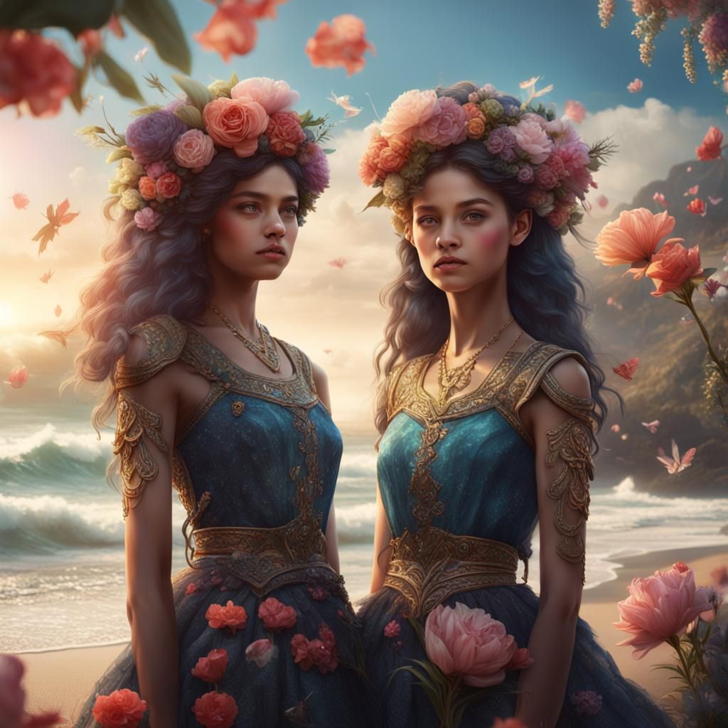 Sisters on the Beach with Flowers: Detailed Matte Painting