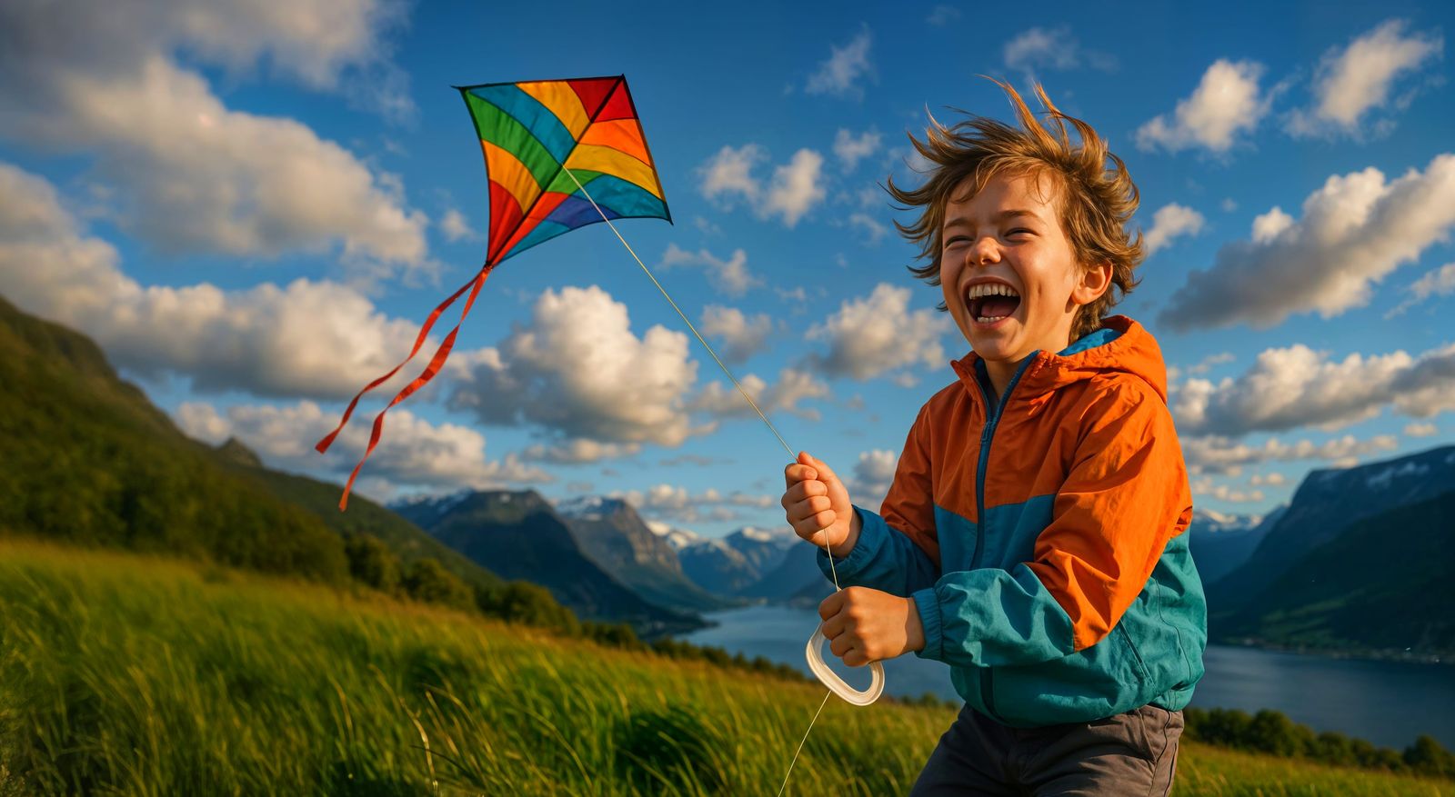 Child's Joyful Kite Flight in Windswept Norway