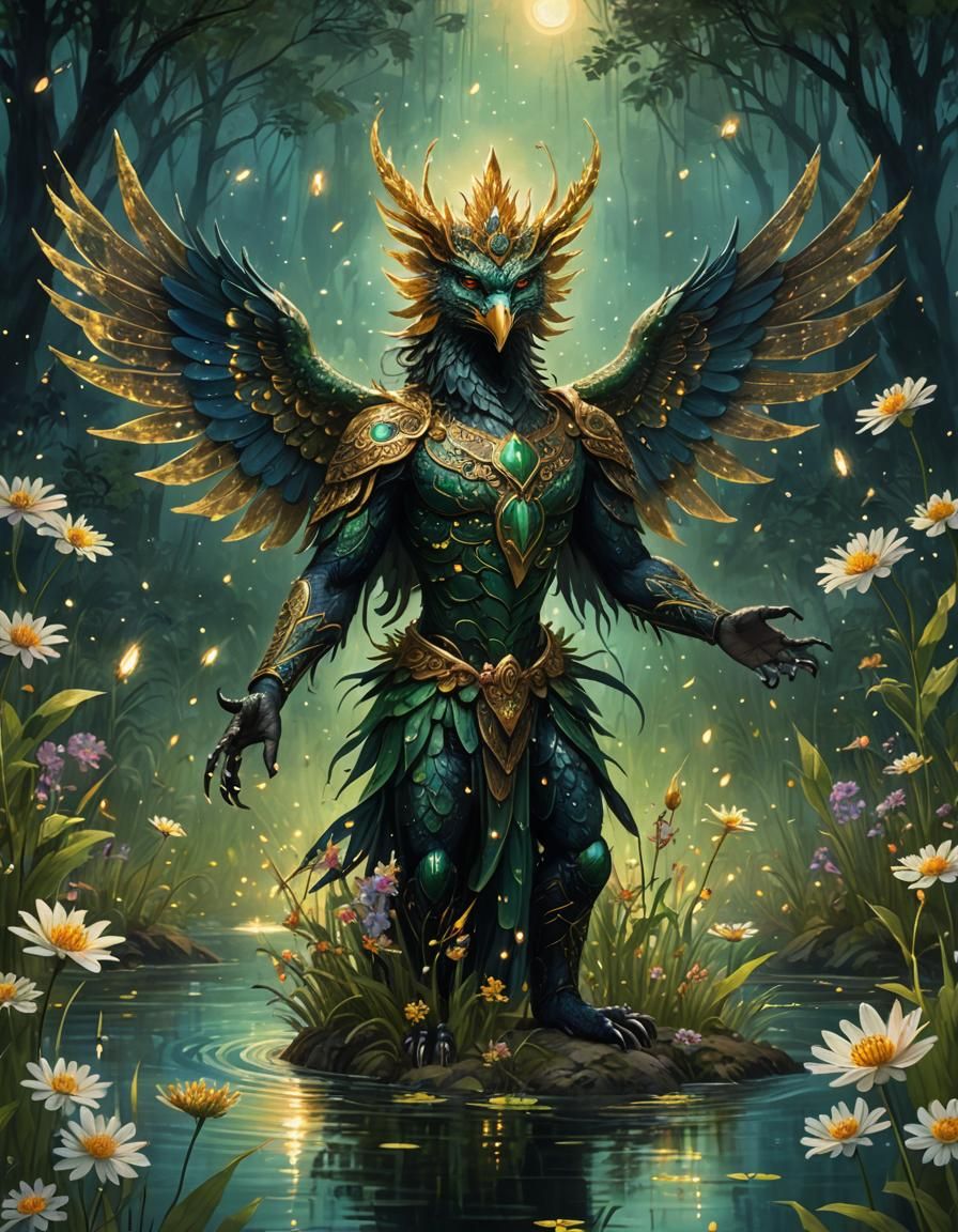 Garuda in Lake with Fireflies: Alcohol Ink Art