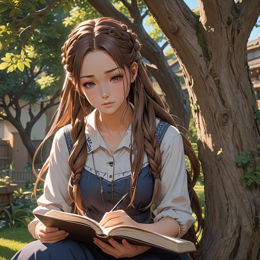 Anime Girl Writing in Diary: 3D Aesthetic Art