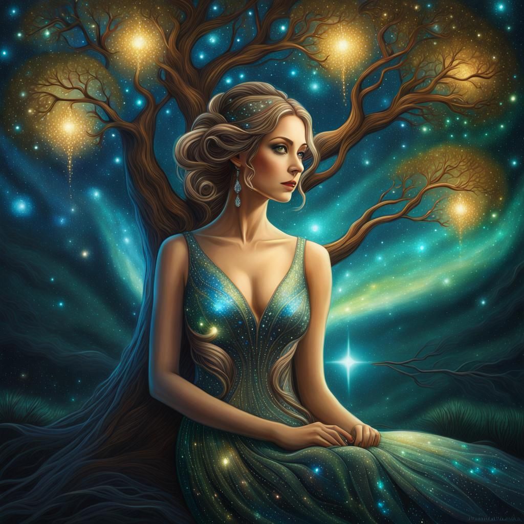 Iridescent Woman by Magical Tree in Starry Night
