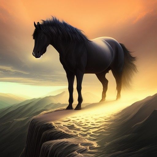 Serene Black Horse on Mountain, Digital Art