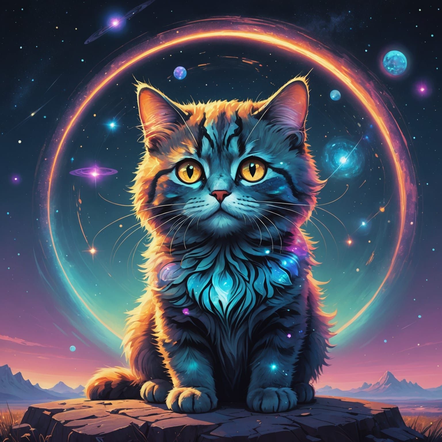 Ethereal Galactic Cat in Dreamlike Digital Watercolor Style