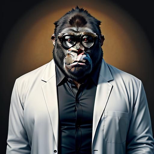 a proud gorilla wearing a lab coat several sizes too small, struggling to keep his oversized spectacles perched on his b...