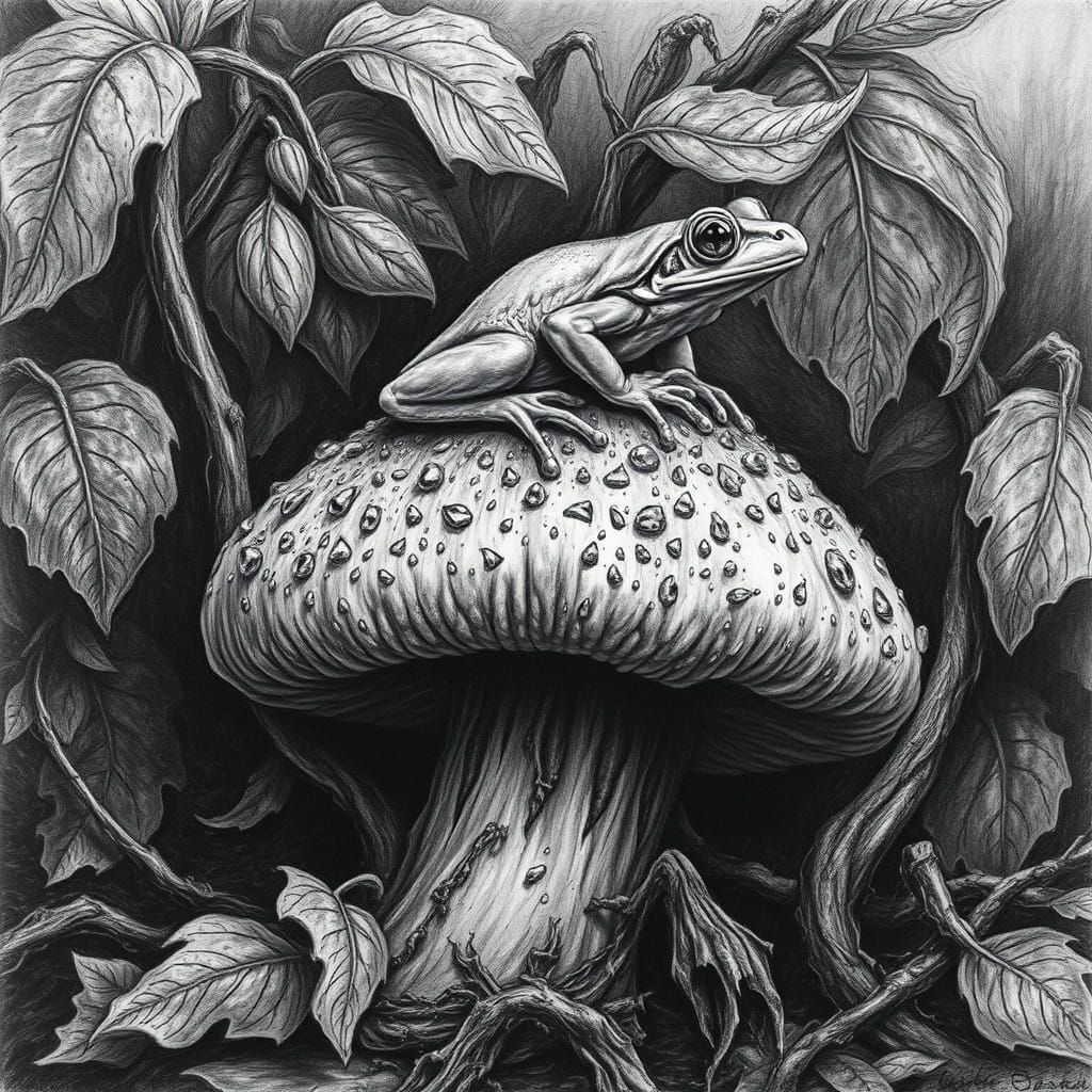 Mysterious Mushroom Realm, Frog Amidst Charcoal Dreamscape