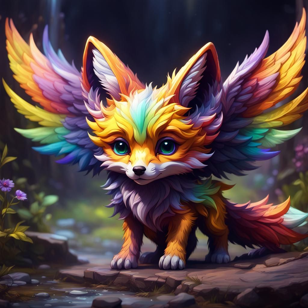 Rainbow Winged Fox Pup in Dark Fantasy Style