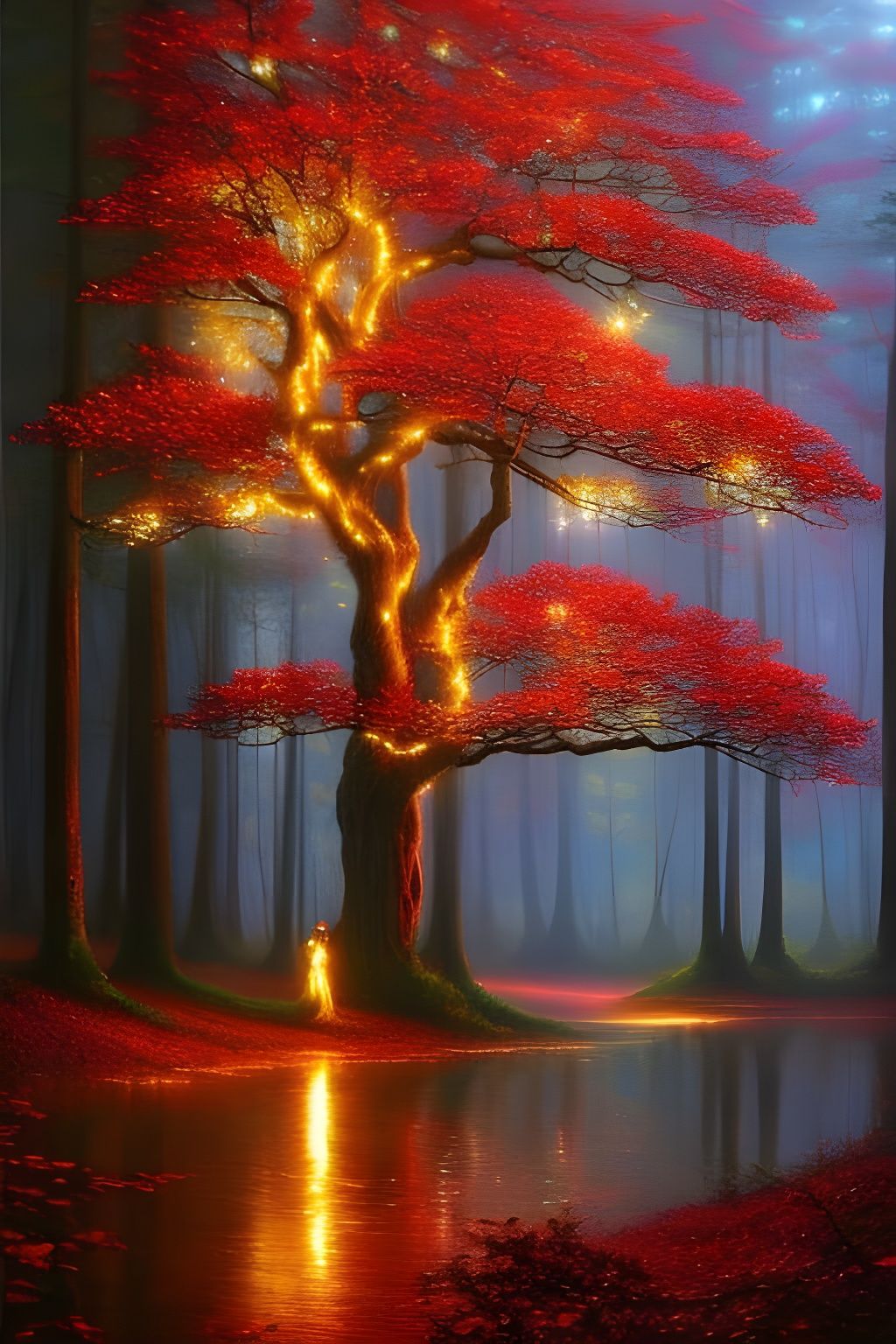 Ornate Sci-Fi Metal Tree in Magical Forest