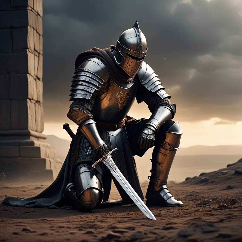 Templar Knight in Prayer: Hyperrealistic Digital Art